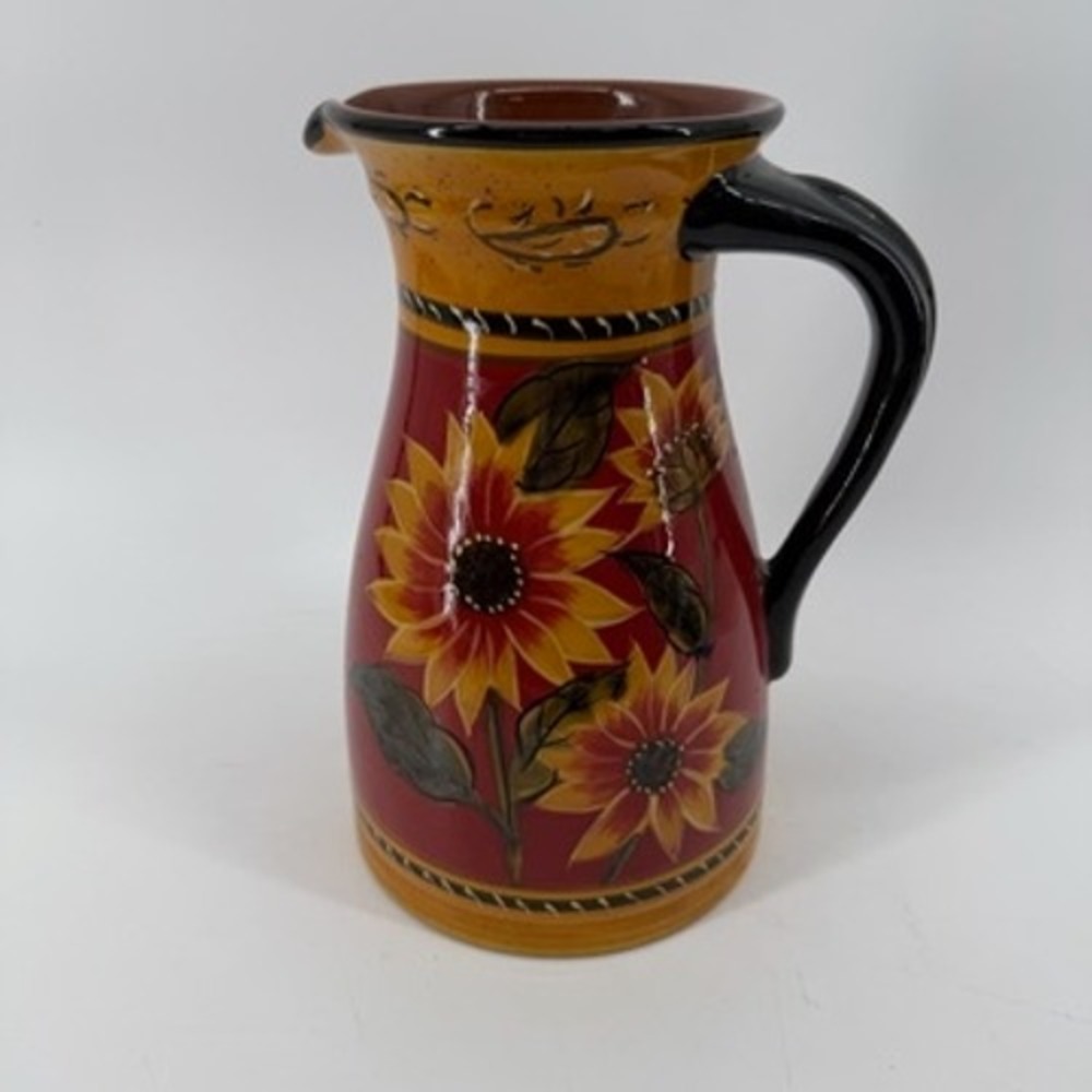 Pier 1 Imports Hand Painted Sunflower Terracotta Pitcher Red Yellow Floral 9.5in